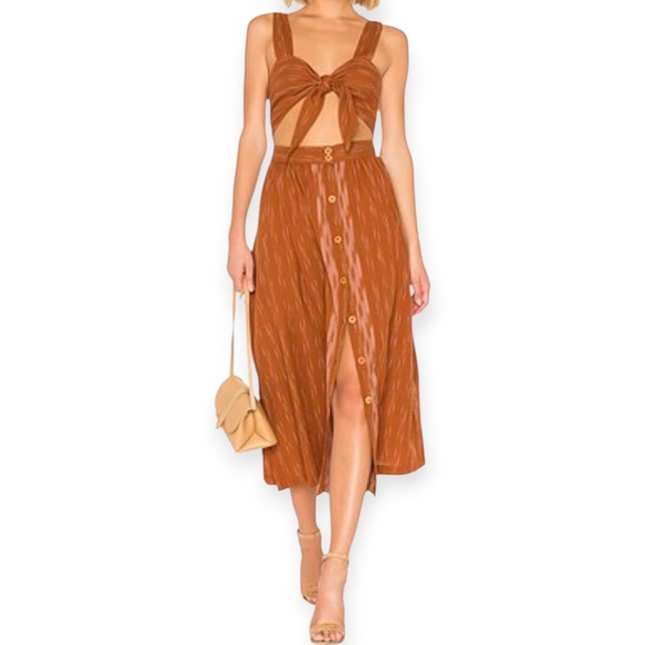 Free People Dresses & Skirts - FREE PEOPLE Midi Dress Caldasi Bronze Striped Tie Front Sz XS Cottagecore Casual